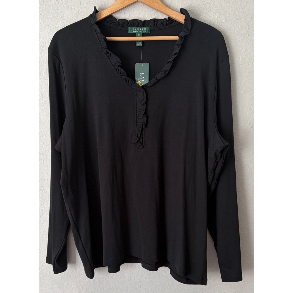 NWT Lauren Ralph Lauren Womens Pima Cotton Ruffle Neck Top 3X Black Long Sleeve